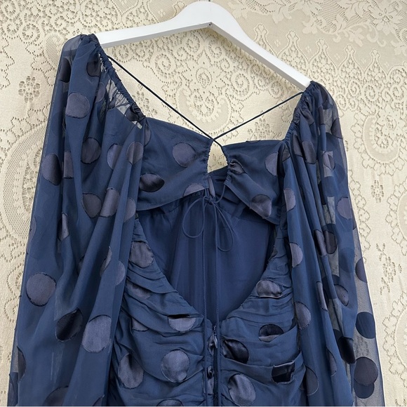 For Love and Lemons Navy Blue Polka Dot Chiffon Ruched Lula Mini Dress - Picture 11 of 16